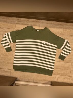 NWOT CASLON Olive Green and‎ White Striped Crewneck Sweater Women’s Size 2X